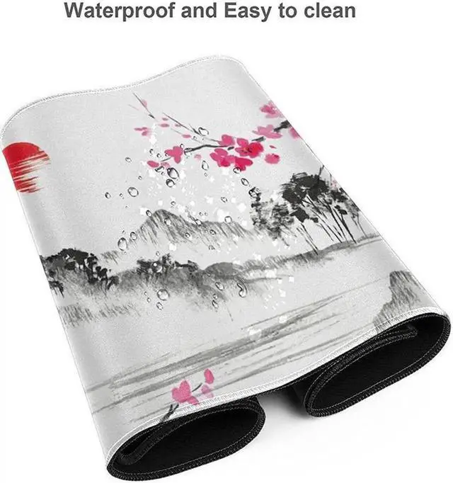 Alt view image 5 of 6 - Vszerda Watercolor Sakura Mouse Pad 35.4 X 15.7 Inch Hills Cherry Blossom Extended Large Pink Mouse Mat Non-Slip Rubber Base Mousepad with Stitched Edges Waterproof Desk Pad for Gaming&Home Office,XL