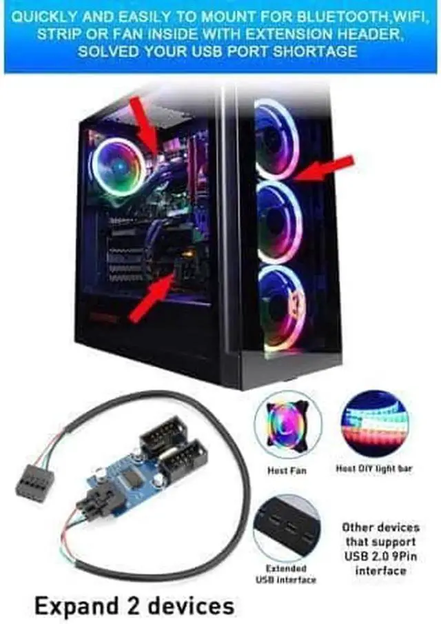 Alt view image 4 of 6 - Vszerda Motherboard USB 2.0 9pin Header 1 to 4 Extension Hub Splitter Adapter Converter MB USB 2.0 Female to 4 Female 30CM Cable USB 9-pin Internal Cable 9 pin Connector Adapter Port Multiplier