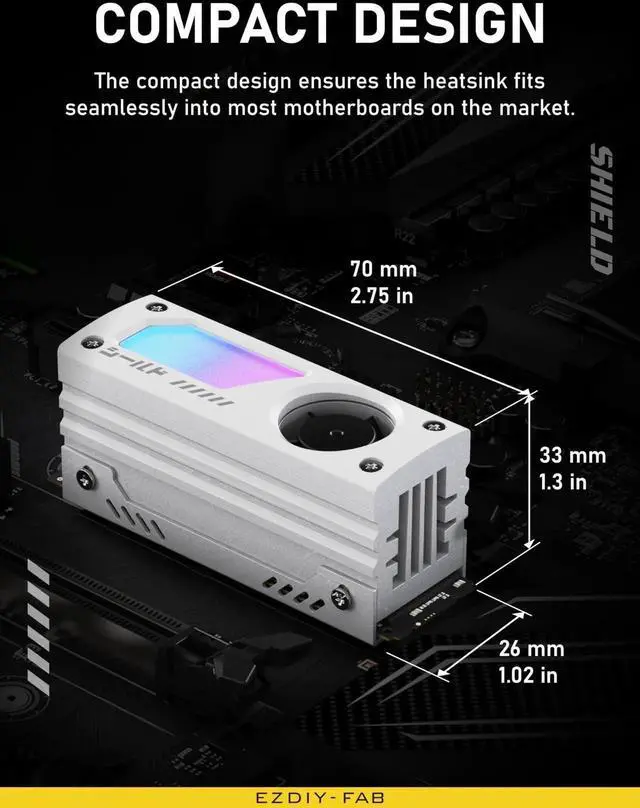 Alt view image 3 of 7 - Vszerda Shield ARGB M.2 SSD Heatsink with Build-in 20mm PWM Fan, Premium Aluminum Design,5V 3-Pin ARGB Sync, High-Performance SSD Cooler for M.2 2280-White-1 Pack