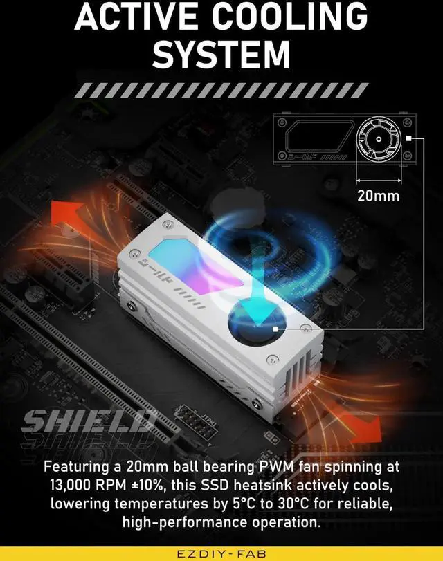 Alt view image 6 of 7 - Vszerda Shield ARGB M.2 SSD Heatsink with Build-in 20mm PWM Fan, Premium Aluminum Design,5V 3-Pin ARGB Sync, High-Performance SSD Cooler for M.2 2280-White-1 Pack