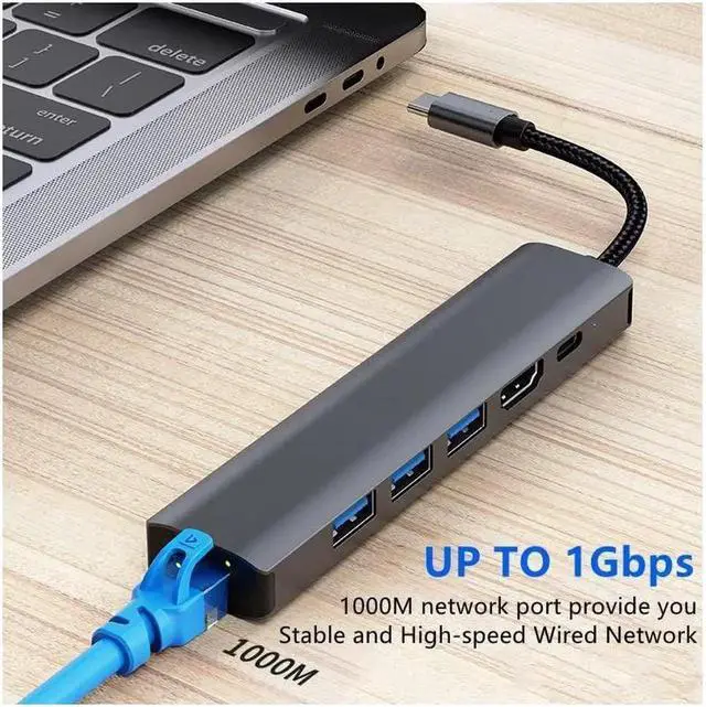 Alt view image 6 of 7 - Vszerda USB Hub, 6-in-1 USB to 1Gbps LAN Network HUB with 4K HDMI, 3*USB3.0,100W PD USB Aluminum Extension for Laptop, iMac, PC, USB Flash Drives etc