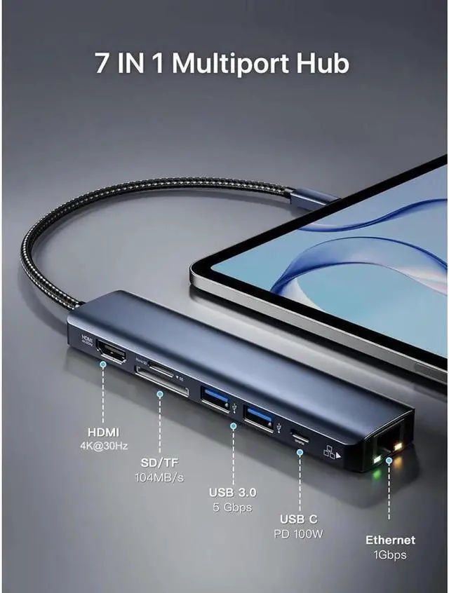 Alt view image 5 of 7 - Vszerda Type-C to Ethernet Adapter, 7 in 1 USB C Multiport Hub with Rj45 1000 Mbps, 2 x USB 3.0 Ports, 100W PD, 1Gbps LAN, SD/TF Card Readers Compatible with MacBook Air/Pro,iMac, iPad Pro