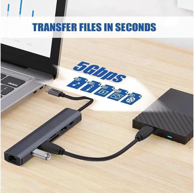 Alt view image 4 of 7 - Vszerda Type C Hub Multiport Adapter 7-in-1 USB Dongle for MacBook Pro Air, Gigabit Ethernet with 4K HDMI, 2*USB3.0, , SD/TF Card Readers, 100W PD, Gigabit Ethernet Compatible for Windows/Mac