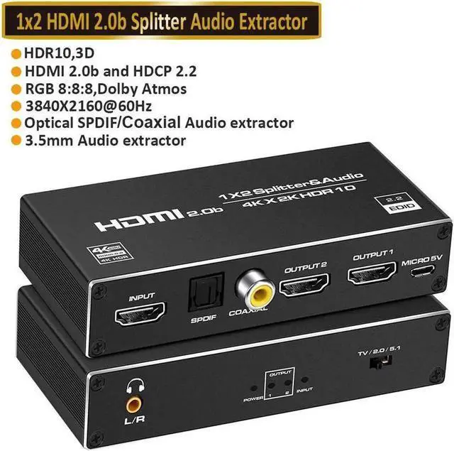 Main image of Vszerda HDMI Switch 4K HDMI Splitter-HDMI Switcher Splitter 1 Input 2 Output, Support 4K 3D 1080P for Xbox PS4 Roku HDTV Fire Stick Blu Ray(with Audio Extractor(3.5mm, Coaxial & SPDIF audio out)