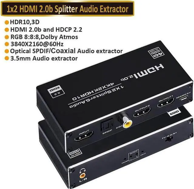 Main image of Vszerda 4K HDMI Splitter 1 in 2 Out HDMI Splitter Duplicate/ Mirror Screen HDMI Splitter Support 4K@60Hz 3D for PS5, Roku, TV Box - 1 Source to 2 Displays, with 3.5mm, Coaxial & SPDIF audio out