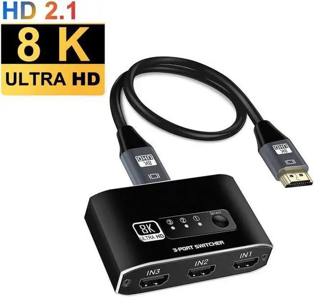 Main image of Vszerda HDMI Switch 8K@60Hz - HDMI Switcher 3 in 1 Out HDMI Splitter, or 3 x 1, USB External Power Supported, Supports 8K 3D HD 1080P for Xbox PS4 Roku Blu-Ray Player HDTV, with 3.9FT HDMI Cable