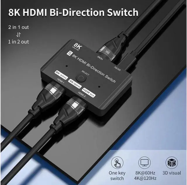 Alt view image 4 of 6 - Vszerda HDMI 2.1 Switch 8K2In 1Out/1In 2Out Bi-Directional HDMI Switcher HDMI Switch 4K 120Hz 8K@60Hz 48Gbps for Xbox PS5/4/3 Nintendo Switch Apple TV, HDTV Monitor