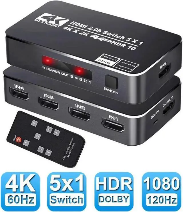 Main image of Vszerda 4K 2K 60Hz HDMI Switch 5x1 HD 4K HDMI Video Switcher Adapter 5 In 1 Out HDMI Splitter with Remote Control for DVD HDTV TV Box PS4 - OZQ3-3