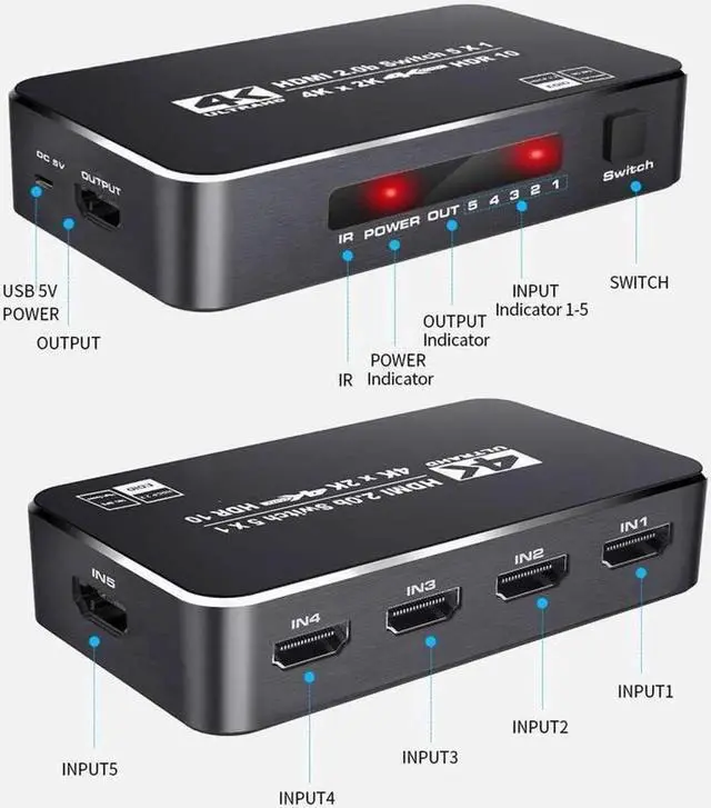 Alt view image 7 of 7 - Vszerda 4K 2K 60Hz HDMI Switch 5x1 HD 4K HDMI Video Switcher Adapter 5 In 1 Out HDMI Splitter with Remote Control for DVD HDTV TV Box PS4 - OZQ3-3