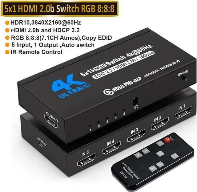 Main image of Vszerda 4K@60Hz HDMI Switch 5 in 1 Out 4K@60Hz HDMI Splitter with Remote 5 Port HDMI Switcher Selector Support 3D 4K HDR HDCP2.2 Compatible with PS5/4/3 Xbox Nintendo Switch Roku TV Fire Stick