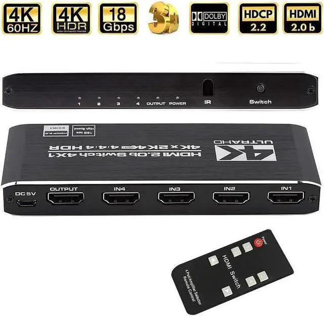 Main image of Vszerda HDMI Switch 4K 60Hz HDMI Splitter- HDMI Switcher Splitter 4 Input 1 Output, Support 3D 4K HDR10 HDCP2.2 YUV444/RGB888 for Xbox PS4 Roku HDTV Fire Stick Blu Ray(IR Remote)