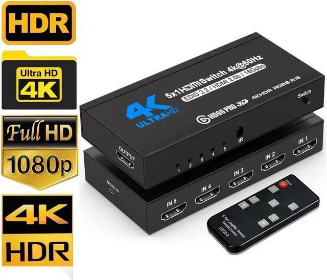 Main image of Vszerda HDMI Switch 4K 60Hz HDMI Splitter- HDMI Switcher Splitter 5 Input 1 Output, Support 4K 3D 1080P for Xbox PS4 Roku HDTV Fire Stick Blu Ray(IR Remote), OZQ3-4