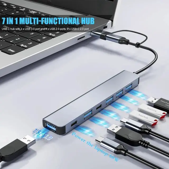 Alt view image 4 of 7 - Vszerda pgrade USB C/USB Hub, Aluminum 7 in 1 USB C & USB Hub with USB 3.0, USB 2.0 Ports for PC/Laptops/MacBook Pro/Air/iMac/iPad and More Devices