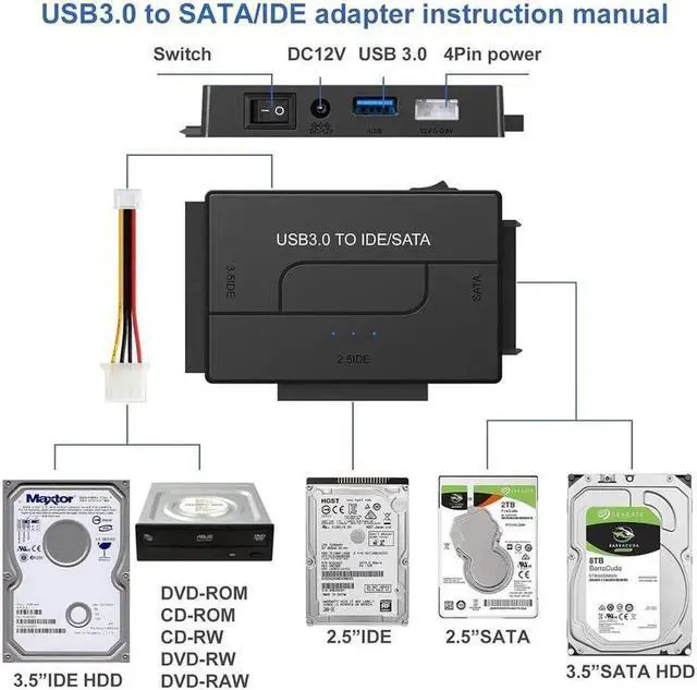 Alt view image 5 of 7 - Vszerda SATA/IDE to USB 3.0 Adapter, Hard Drive Reader Adapter Ultra Recovery Converter for 2.5" 3.5" HDD/SSD, USB to SATA/IDE with 12V Power Adapter