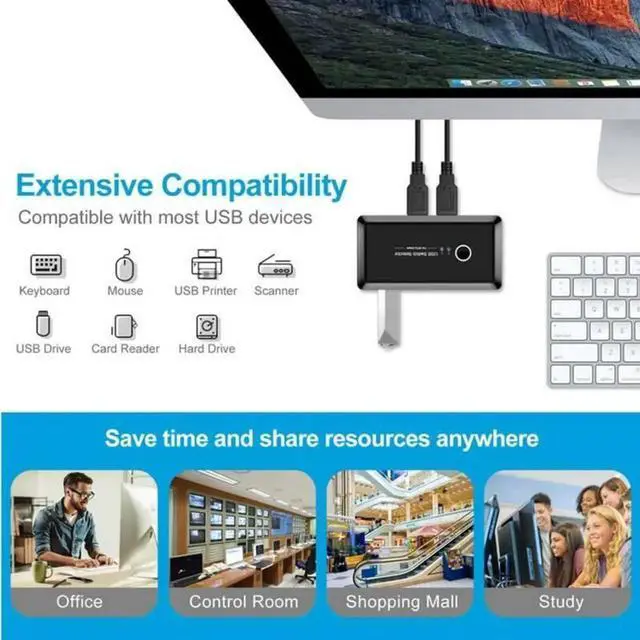 Alt view image 4 of 7 - Vszerda USB Sharing Switch for 2 Computers Sharing 4 USB 3.0 Ports, KVM Switches Adapter Hub for PC, Printer, U-disk, Mouse, Keyboard with One Button Swapping and 2 USB3.0 Cable, Black
