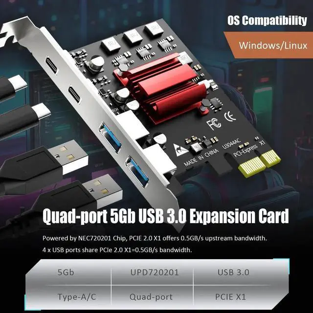 Alt view image 4 of 7 - Vszerda U3044AC 4-Port (2 x Type-C+ 2 x Type-A) USB 3.0 5Gbps PCIe Expansion Card for Intel, AMD, and ARM Platform, Compatible with Windows and Linux (Not Support Mac OS)