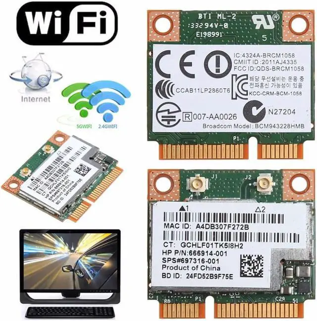 Alt view image 3 of 4 - Vszerda Dual Band 2.4+5G 300M 802.11a/b/g/n WiFi Bluetooth 4.0 Wireless Half Mini PCI-E Card For HP BCM943228HMB SPS 718451-001