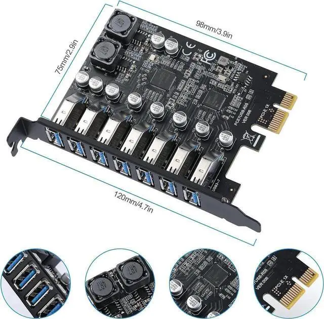 Alt view image 6 of 7 - Vszerda Pcie USB Card Pcie USB 3.0, 7 Port Pcie Expansion Card 7 Ports USB 3.0 5Gbps High Speed Transmission Stable Power USB 3.0 Front Expansion Card