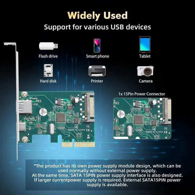 Alt view image 2 of 7 - Vszerda PCIE to USB 3.2 Gen2 10Gbps Expansion Card, 2 Port USB Type-A and Type-C Ports, Self-Powered, Low Profile Bracket, USB3.2 Hub Controller Adapter for Windows 10/11