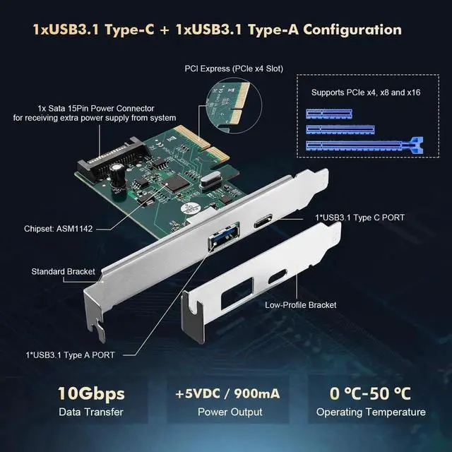 Alt view image 6 of 7 - Vszerda PCIE to USB 3.2 Gen2 10Gbps Expansion Card, 2 Port USB Type-A and Type-C Ports, Self-Powered, Low Profile Bracket, USB3.2 Hub Controller Adapter for Windows 10/11