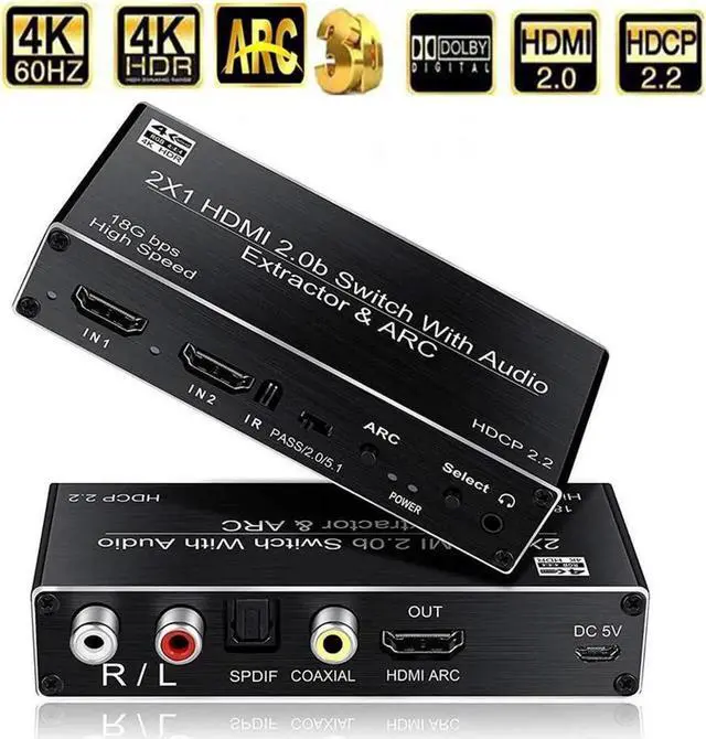 Main image of Vszerda 4K@60Hz HDMI Switch 2x1, 2 Port HDMI2.0b Switch Box with Optical Toslink SPDIF/Coaxial/3.5mm R/L Audio Out, HDMI Selector Switch with Remote(OZV2)