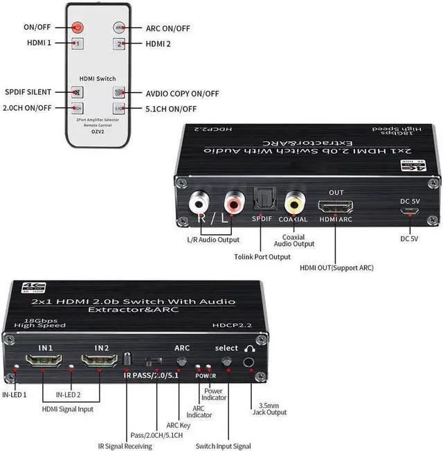 Alt view image 4 of 7 - Vszerda 4K@60Hz HDMI Switch 2x1, 2 Port HDMI2.0b Switch Box with Optical Toslink SPDIF/Coaxial/3.5mm R/L Audio Out, HDMI Selector Switch with Remote(OZV2)