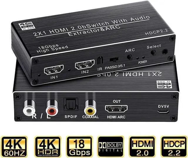 Main image of Vszerda 4K@ 60Hz HDMI Audio Extractor 2x1 HDMI to HDMI + Optical Toslink / Coaxial SPDIF+ 3.5mm R/L Audio Splitter, 4K@ 60Hz HDMI 2.0 Optical Audio Splitter, HDCP 2.2 4K HDMI Audio Splitter