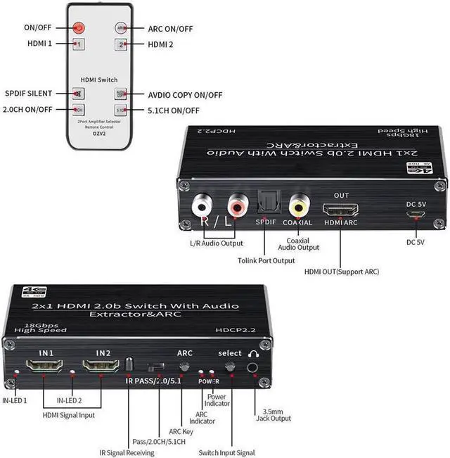 Alt view image 4 of 7 - Vszerda 4K@ 60Hz HDMI Audio Extractor 2x1 HDMI to HDMI + Optical Toslink / Coaxial SPDIF+ 3.5mm R/L Audio Splitter, 4K@ 60Hz HDMI 2.0 Optical Audio Splitter, HDCP 2.2 4K HDMI Audio Splitter