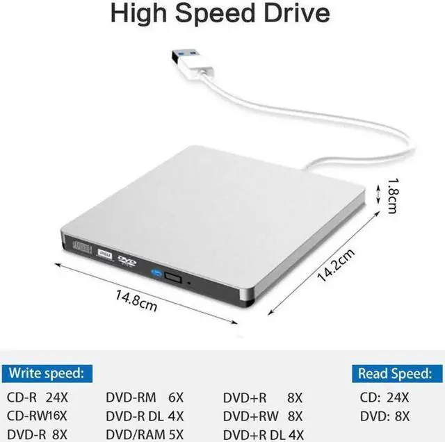 Alt view image 2 of 7 - Vszerda External CD Drive, LUOM USB 3.0 Portable CD/DVD Drive Slim DVD/CD ROM Rewriter Burner Compatible with Laptop Desktop PC Windows Linux Os Apple Mac-Silver