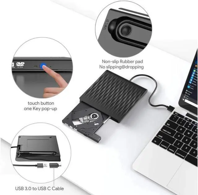 Alt view image 2 of 7 - Vszerda External DVD CD Drive USB3.0&USB C Super Drive External DVD CD+/-RW Burner Writer Optical Drive Compatible for with Mac/MacBook Pro/Air/iMac/Laptop/Desktop PC/Windows -Black