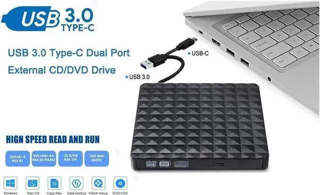 Main image of Vszerda Diamond External CD DVD Drive Type C USB 3.0 Portable High-Speed CD/DVD +/-RW Drive CD DVD ROM Rewriter Reader Burner Writer for Laptop PC Desktop MacBook Mac Windows 7/8/10 Linux OS