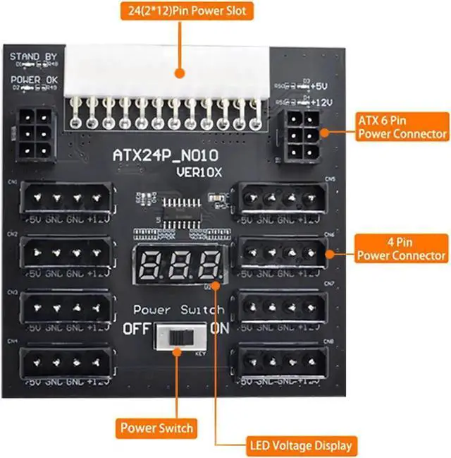 Alt view image 3 of 3 - Vszerda ATX Server PSU Power Board 24Pin to IDE 8x 4Pin +2x 6Pin Power Supply Board for CHIA ETH BTC Mining Miner