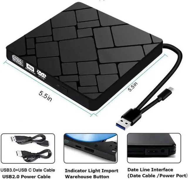 Alt view image 7 of 7 - Vszerda External CD DVD Drive USB 3.0 Type-C Portable CD/DVD ROM Drive Burner Rewriter for Windows Linux Mac Laptop Desktop, MacBook Pro/Air, iMac