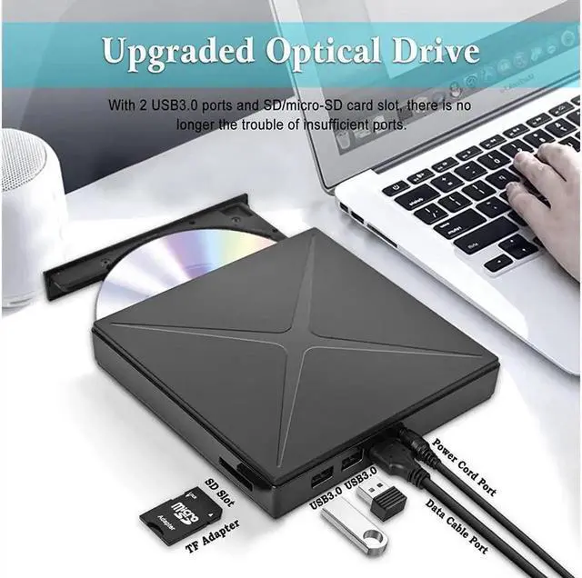 Alt view image 3 of 7 - Vszerda External DVD Drive for Laptop, Portable High-Speed USB-C&USB 3.0 CD Burner/DVD Reader Writer for PC Desktops, Support SD cards Reader Compatible with Windows/Mac OSX/Linux