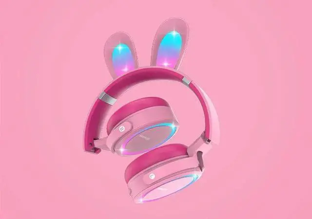 Alt view image 2 of 5 - Vszerda Gemdeck Headphones with LED Illuminated Rabbit Ears Audio Headphones Pink
