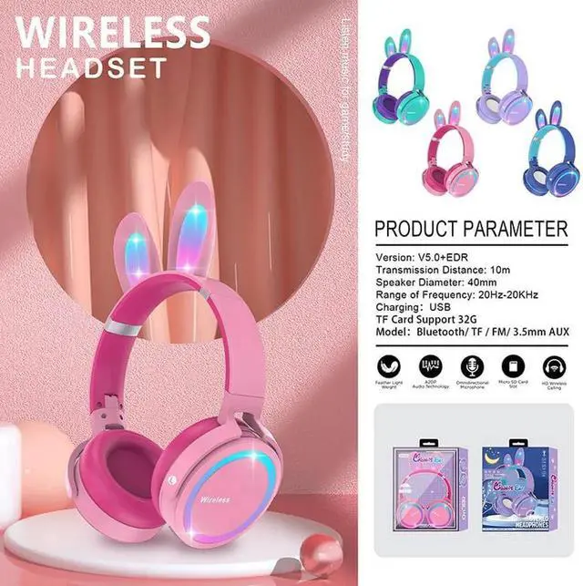 Alt view image 5 of 5 - Vszerda Gemdeck Headphones with LED Illuminated Rabbit Ears Audio Headphones Pink