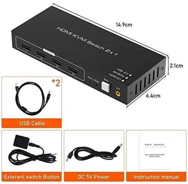 Alt view image 5 of 6 - Vszerda 8K HDMI KVM Switch, HDMI 2 in 1 Out KVM Switch Box Keyboard Mouse Printer Switcher Include 2 USB Type-B Cable Support 8K@60Hz, EDID/HDCP 2.2 3D for Laptop PS4 HDTV Monitor, Black