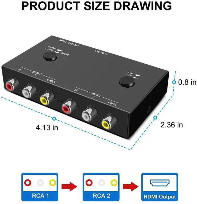 Alt view image 3 of 6 - Vszerda 2 AV to HDMI, 1080P/720P TV 2 Way RCA Composite CVBS AV Switch to HDMI Video Audio Converter Adapter Support 4:3/16:9 Switching, for Sega Xbox PS2 PS3 N64 NGC SNES WII VHS VCR Camera DVD