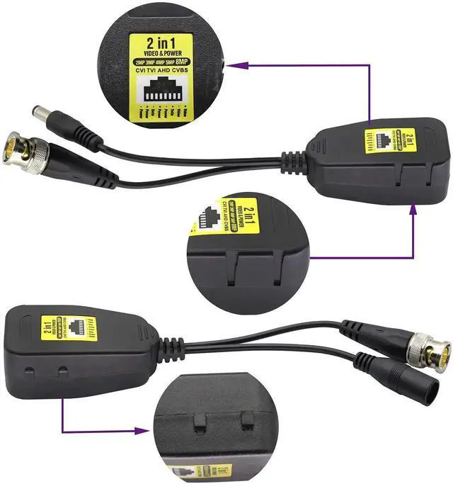 Alt view image 3 of 6 - Vszerda Passive Video Balun RJ45 to BNC Transceiver Transmitter HD-CVI/TVI/AHD/CVBS with DC Power Connector for 960P 1080P 3MP 4MP 5MP 8MP CCTV Security DVR Surveillance Camera System(18 cm-2Pairs)