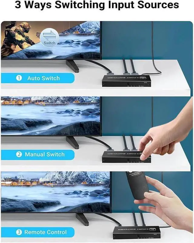 Alt view image 3 of 7 - Vszerda 3 in 1 Out HDMI 2.1 Switch, 8K High-Speed 48Gbps 3Port HDMI Switcher, Supports 8K@60Hz 4K@120Hz, Compatible for PS5/PS4 Projectors Monitor Blu-Ray Player Xbox (3 in 1)