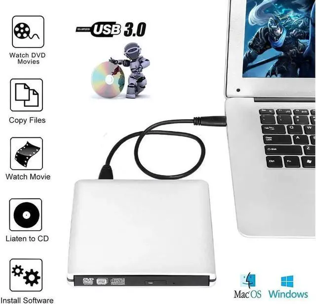 Alt view image 4 of 7 - Vszerda Aluminum External DVD Drive, USB 3.0 USB-C Portable CD/DVD+/-RW Drive/DVD Player for Laptop CD ROM Burner Compatible with Laptop Desktop PC Windows Linux OS Apple Mac, Silver
