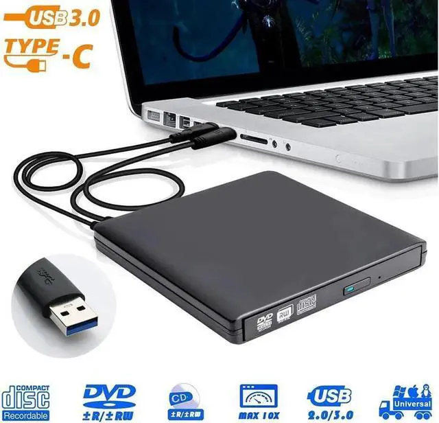 Main image of Vszerda Aluminum External CD DVD Drive, USB Type C Dual Port CD Drive, DVD +/-RW CD +/-RW Writer Burner Player with Classic Silver for MacBook Air, MacBook Pro, Mac OS, PC Laptop (XD058, Black)