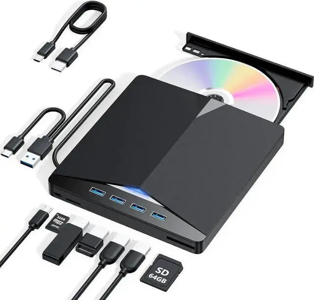 Main image of Vszerda External CD/DVD Drive for Laptop, 7-in-1 USB 3.0 & Type C Portable External CD DVD Burner Optical DVD Drive with SD/TF Card Reader & 4-Port USB Hub, Compatible with Windows, Mac OS, Linux