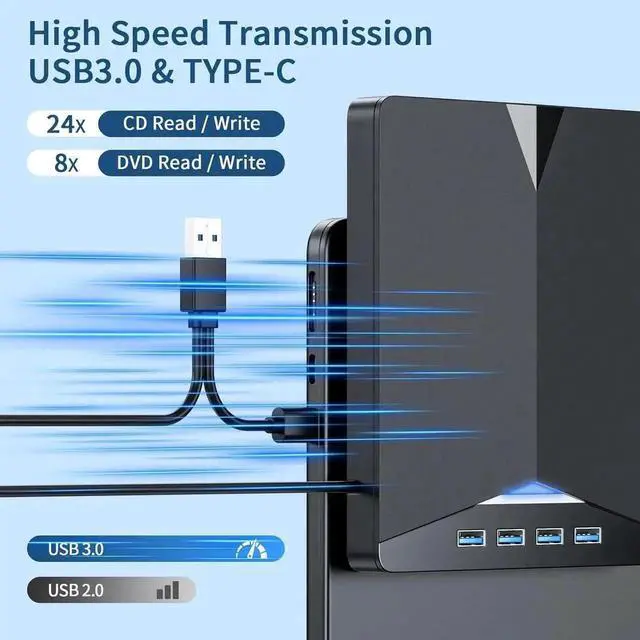 Alt view image 6 of 7 - Vszerda External CD/DVD Drive for Laptop, 7-in-1 USB 3.0 & Type C Portable External CD DVD Burner Optical DVD Drive with SD/TF Card Reader & 4-Port USB Hub, Compatible with Windows, Mac OS, Linux