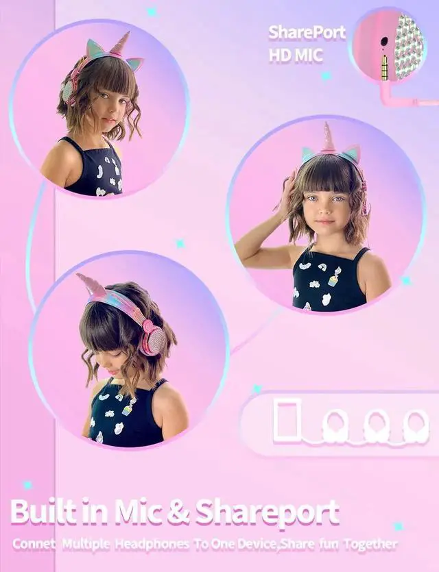 Alt view image 3 of 5 - Vszerda Gemdeck Kids Unicorns Headphones with Mic for Travel/Car/Plane, Unicorns Wired Headsets with Cable