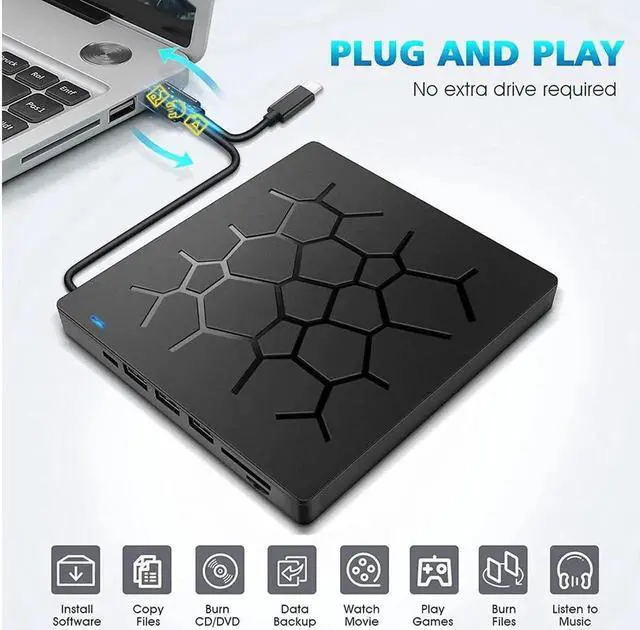 Alt view image 4 of 7 - Vszerda 7 -in-1 External DVD Drive with 4 USB Ports and 2 SD Card Slots, USB 3.0 External DVD CD ROM Drive, USB-C External DVD Player, Portable DVD +/- RW Optical Drive for Windows 7/8/10/Linux