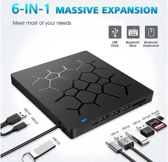 Alt view image 6 of 7 - Vszerda 2022 New External CD DVD Drive, Portable USB 3.0 CD DVD +/-RW Drive Burner Player with 4 USB Ports and 2 SD Card Slots Compatible for Windows 7/8/10 Laptop Computer Surface Pro Mac