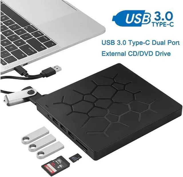 Alt view image 4 of 4 - Vszerda External CD DVD Drive USB 3.0 Type-C Portable CD/DVD ROM Drive Burner Rewriter with 4 USB Ports and 2 SD Card Slots for Windows Linux Mac Laptop Desktop, MacBook Pro/Air, iMac