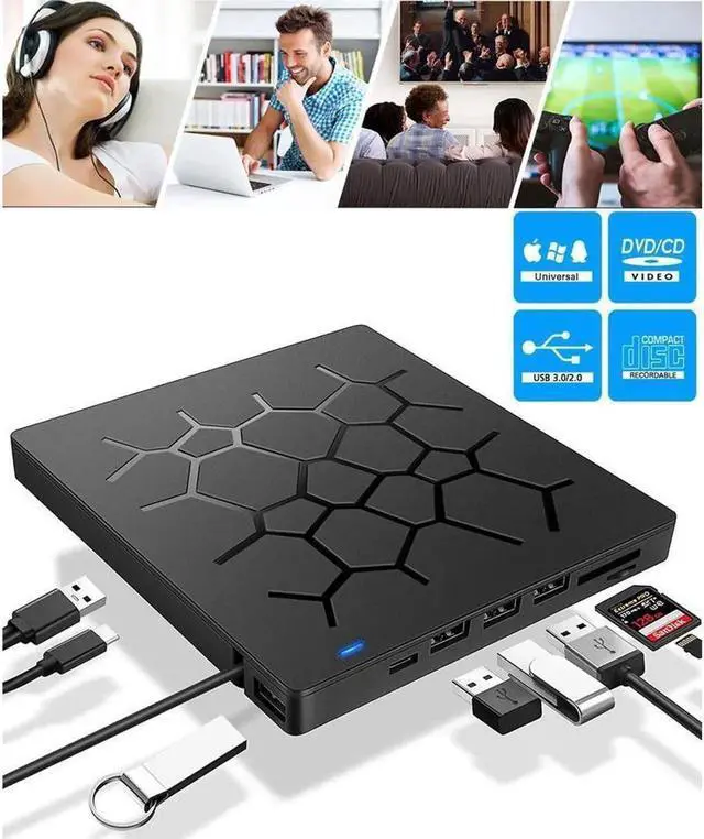 Main image of Vszerda 7-in-1 External CD DVD Drive USB 3.0 Type-C Portable CD/DVD ROM +/-RW Optical Drive Player Reader Writer Burner with 4 USB Ports and 2 SD Card Slots for Laptop Desktop PC MacBook Pro Mac