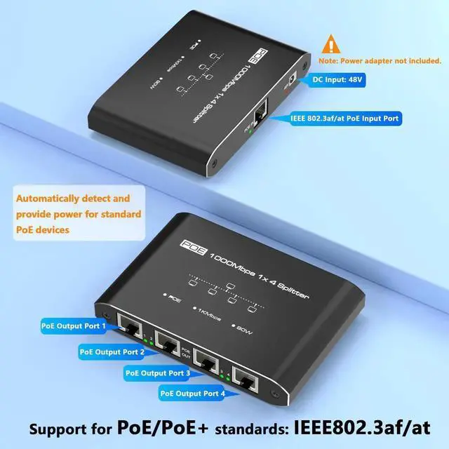 Alt view image 6 of 7 - Vszerda PoE Switch 1 in 4 Out, 4 Port Gigabit PoE Splitter, IEEE 802.3at/af Compliant, 30W per Port Power Over Network Hub for IP Cameras/AP/VoIP Phones (328 Ft), PoE+ Splitter for Cat5e/6/7/8 Cable